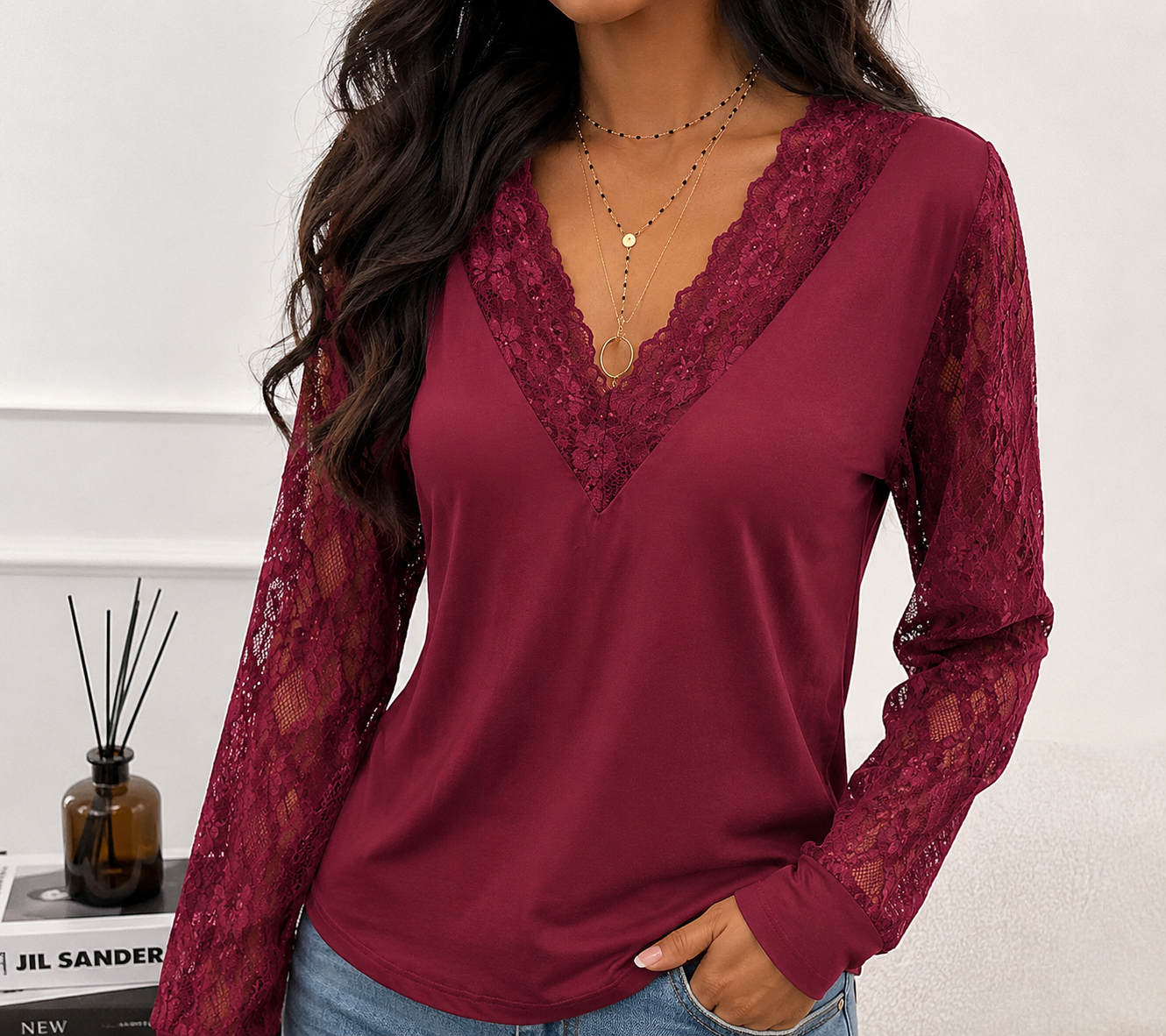Women's Lace Sleeve Blouse – V-Neck Lace Detail Blouse