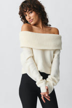 Women's Ribbed Off-Shoulder Sweater – Wide Neck Relaxed Long Sleeve Pullover