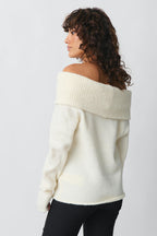 Women's Ribbed Off-Shoulder Sweater – Wide Neck Relaxed Long Sleeve Pullover