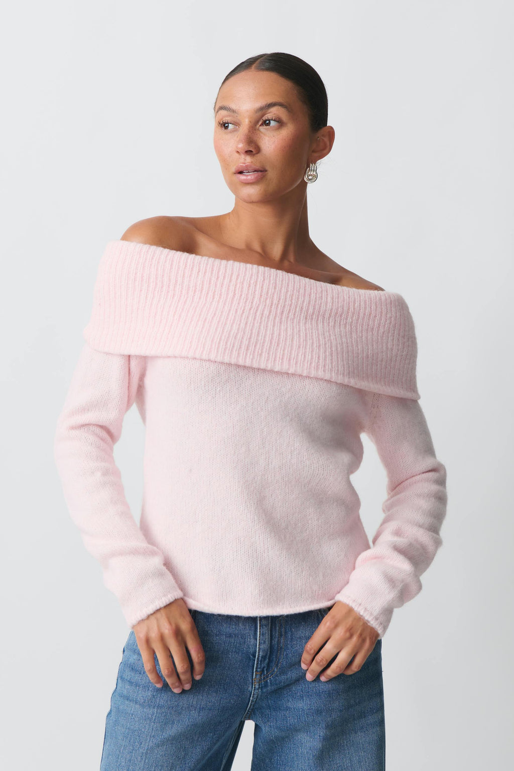 Women's Ribbed Off-Shoulder Sweater – Wide Neck Relaxed Long Sleeve Pullover
