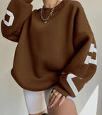 Women's Crew Neck Graphic Sweater – Printed Sleeve Relaxed Fit Pullover