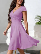 Women's V-Neck A-Line Dress – Short Sleeve Knee Length Pocket Dress