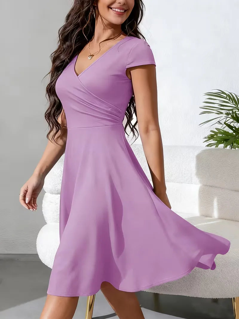 Women's V-Neck A-Line Dress – Short Sleeve Knee Length Pocket Dress