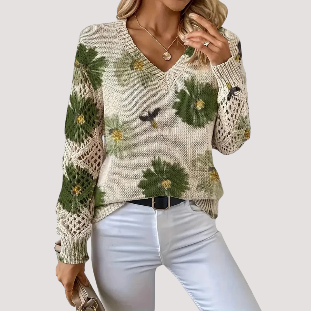 Women's Floral V-Neck Sweater – Lightweight Flower Knit Pullover
