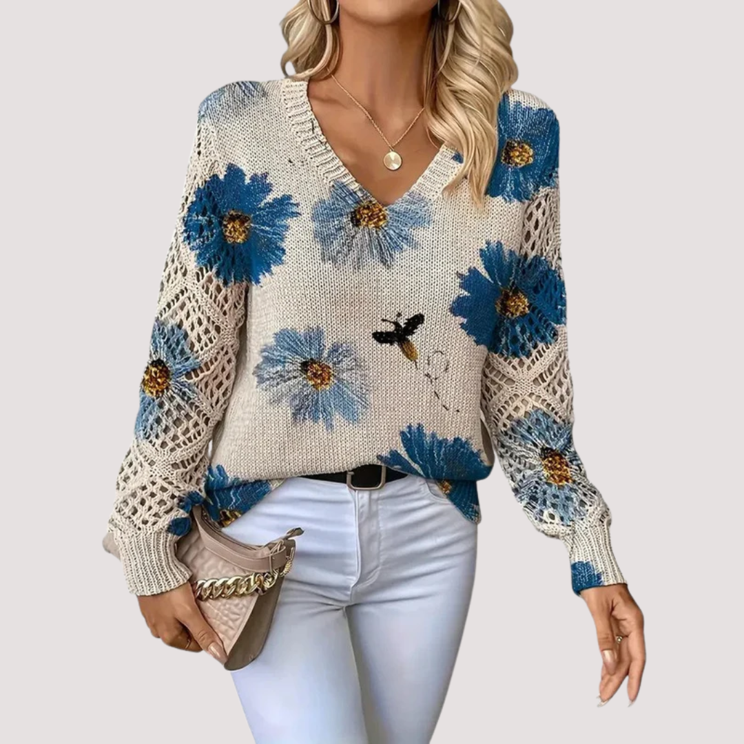 Women's Floral V-Neck Sweater – Lightweight Flower Knit Pullover