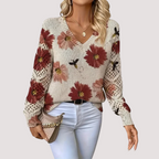 Women's Floral V-Neck Sweater – Lightweight Flower Knit Pullover