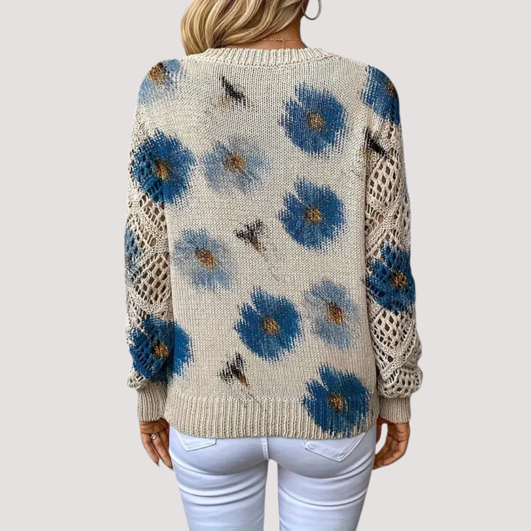 Women's Floral V-Neck Sweater – Lightweight Flower Knit Pullover