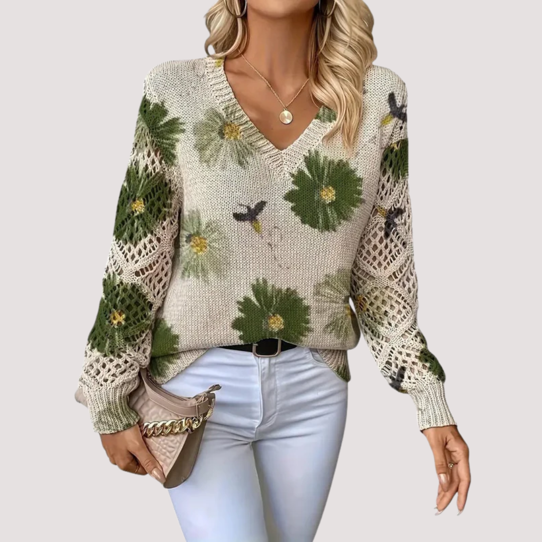 Women's Floral V-Neck Sweater – Lightweight Flower Knit Pullover