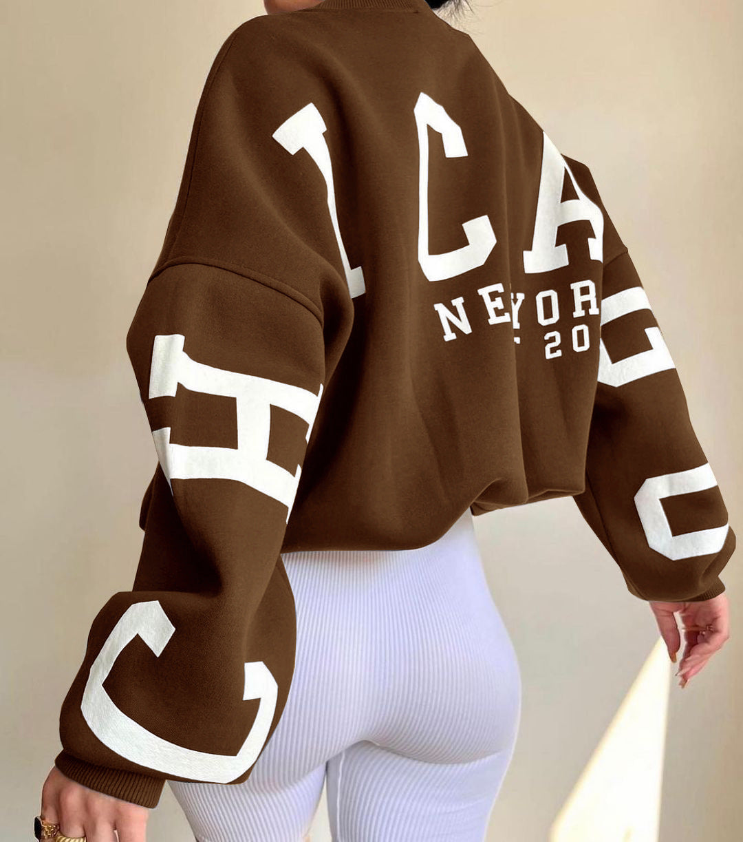 Women's Crew Neck Graphic Sweater – Printed Sleeve Relaxed Fit Pullover