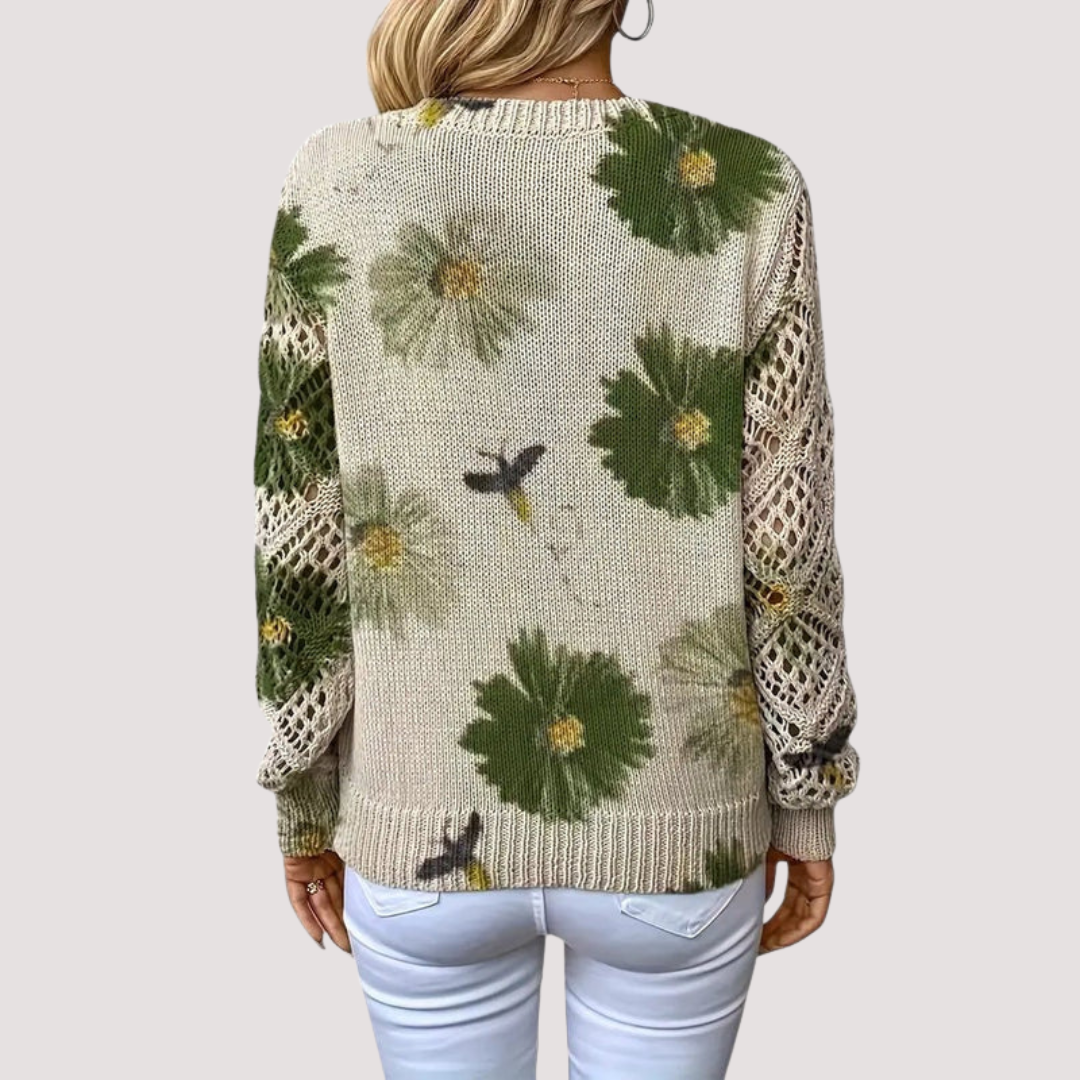 Women's Floral V-Neck Sweater – Lightweight Flower Knit Pullover