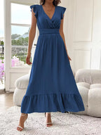 Women's V-Neck Tiered Maxi Dress – Short Sleeve Smocked Waist Evening Dress