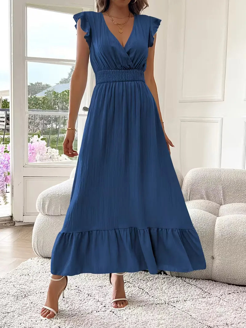 Women's V-Neck Tiered Maxi Dress – Short Sleeve Smocked Waist Evening Dress