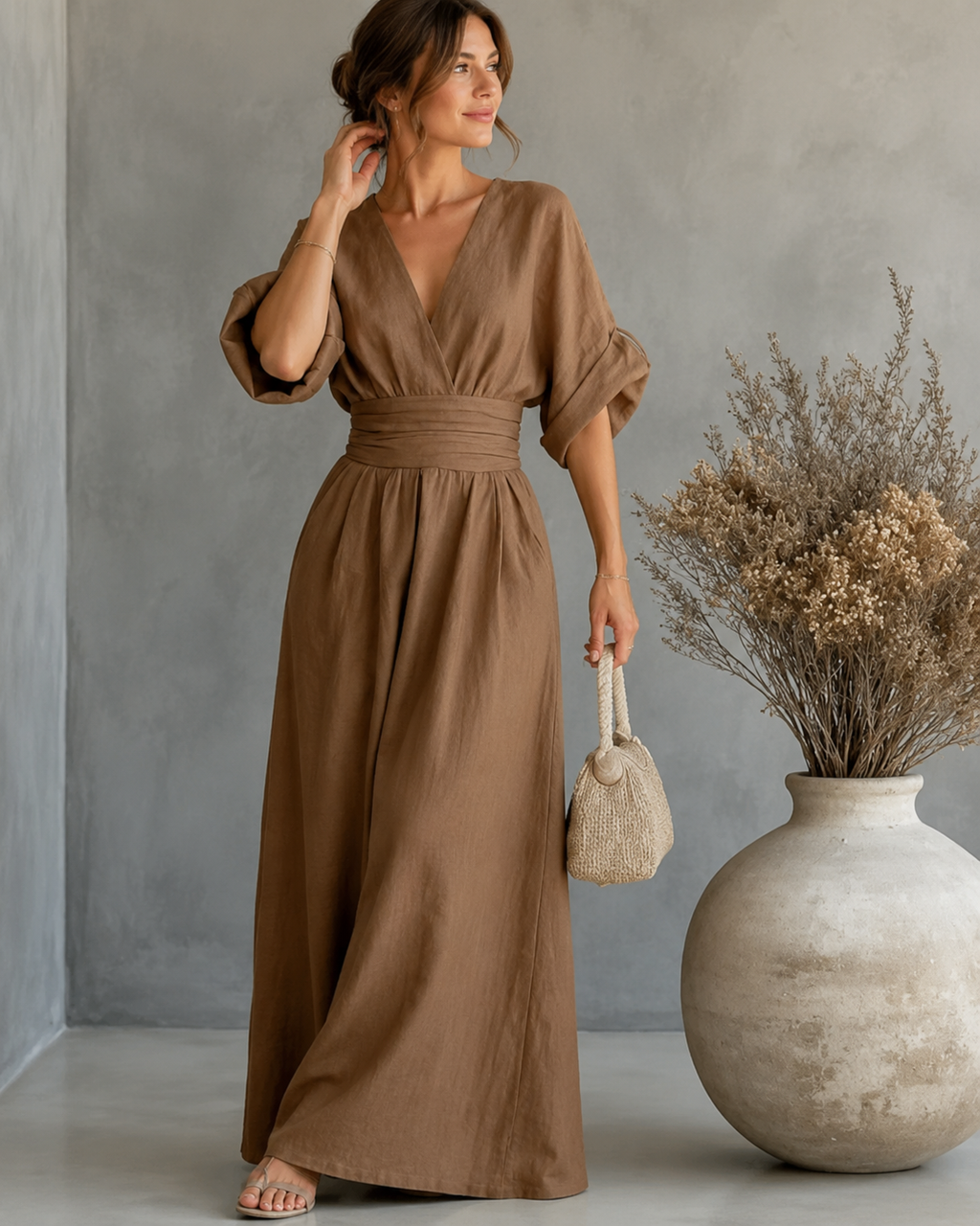 Women's V-Neck Wrap Wide Leg Jumpsuit – Cinched Waist Wedding Guest Jumpsuit