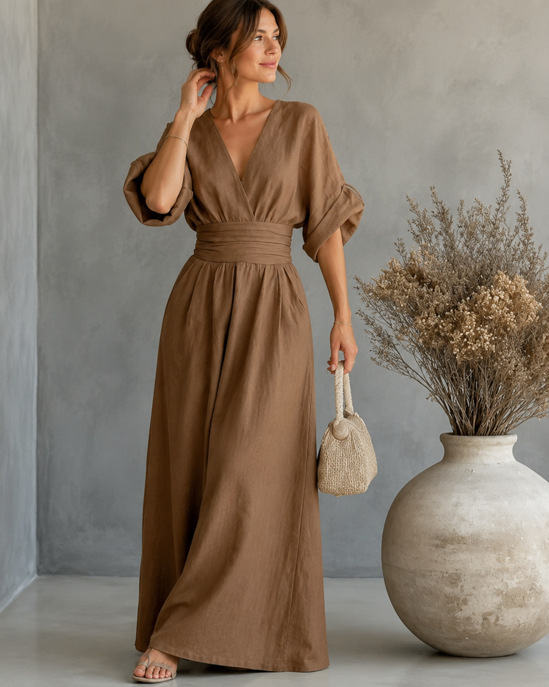 Women's V-Neck Wrap Wide Leg Jumpsuit – Cinched Waist Wedding Guest Jumpsuit