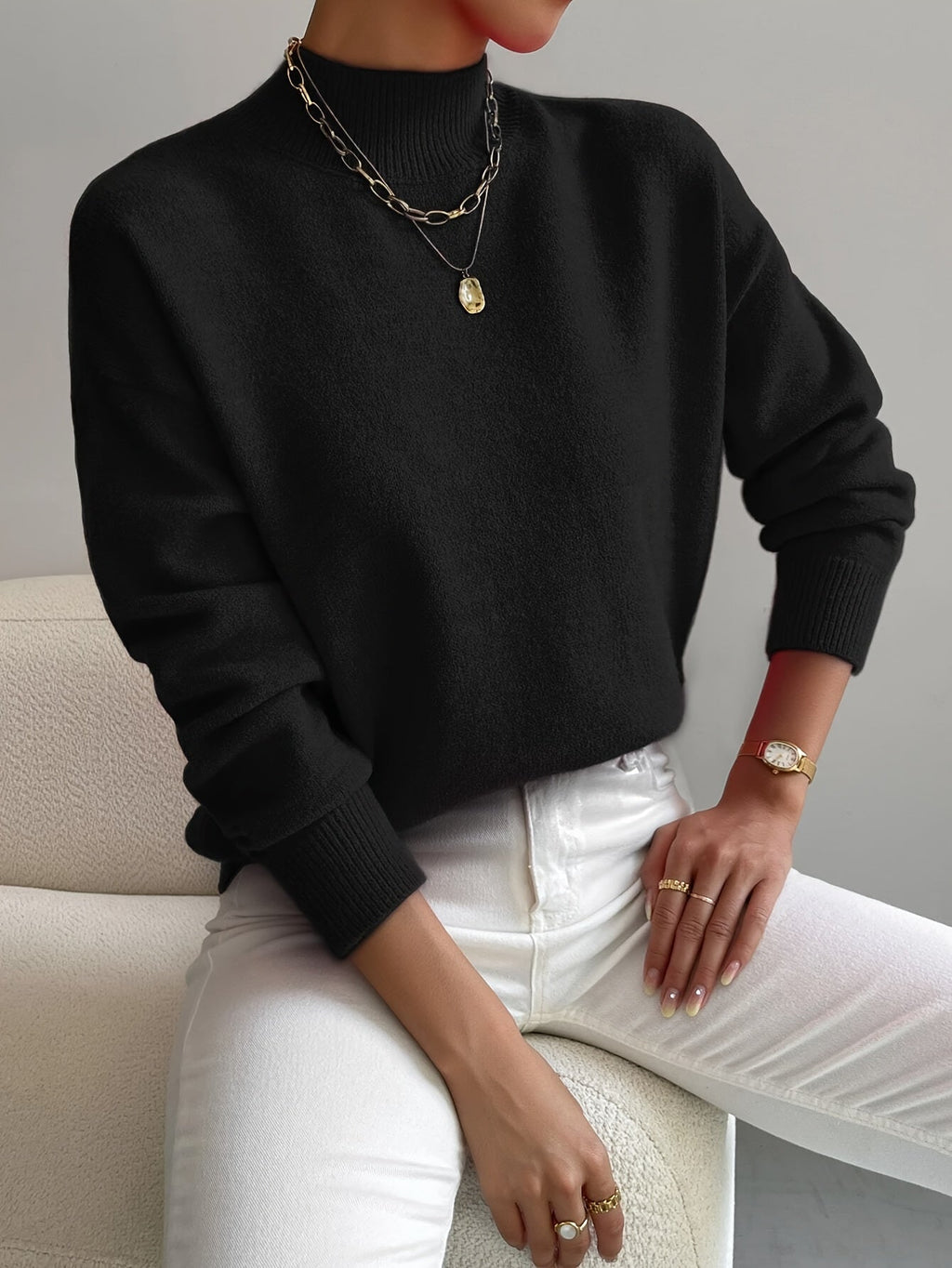 Women's High Neck Sweater – Relaxed Knit Winter Pullover