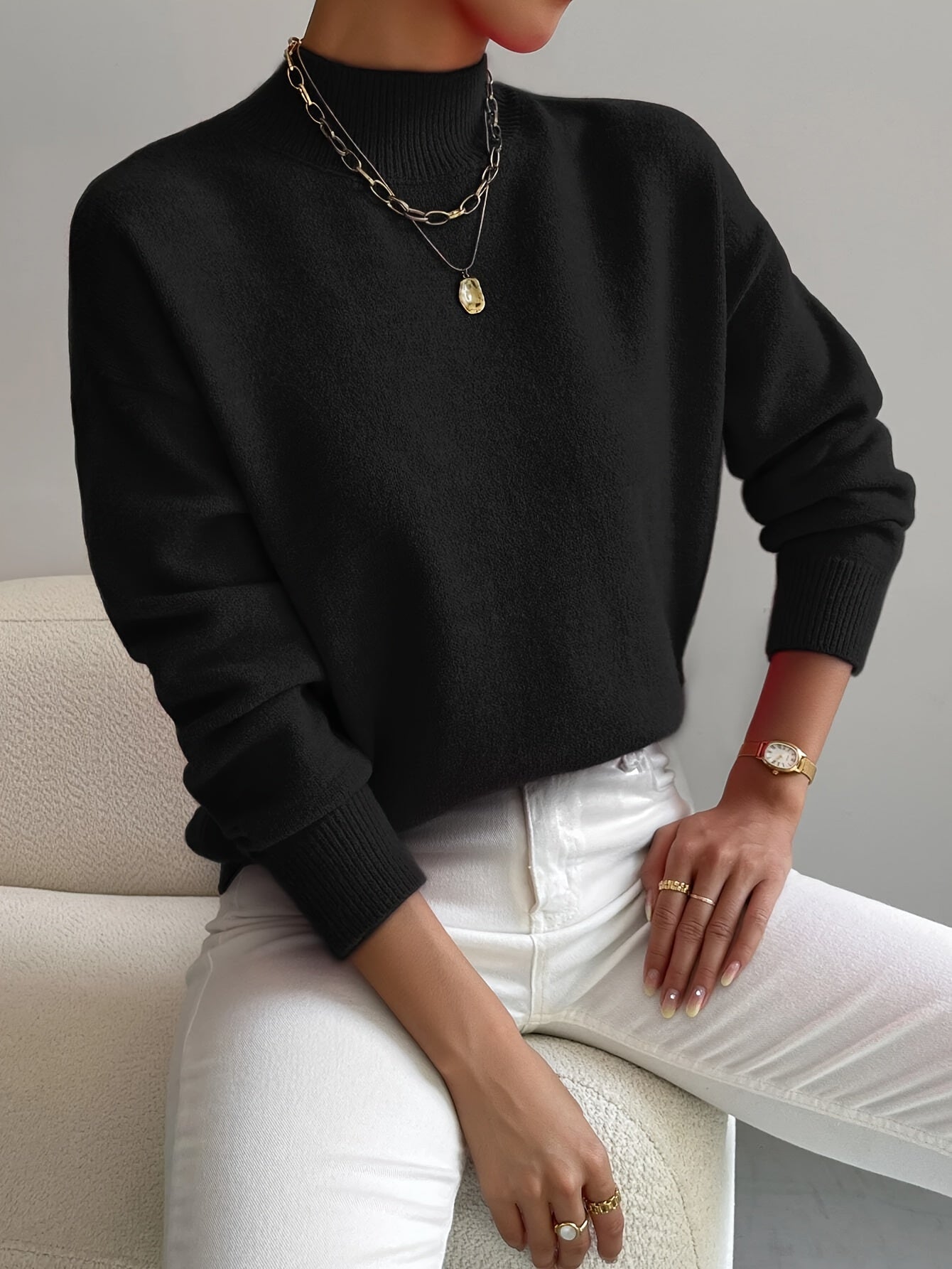 Women's High Neck Sweater – Relaxed Knit Winter Pullover