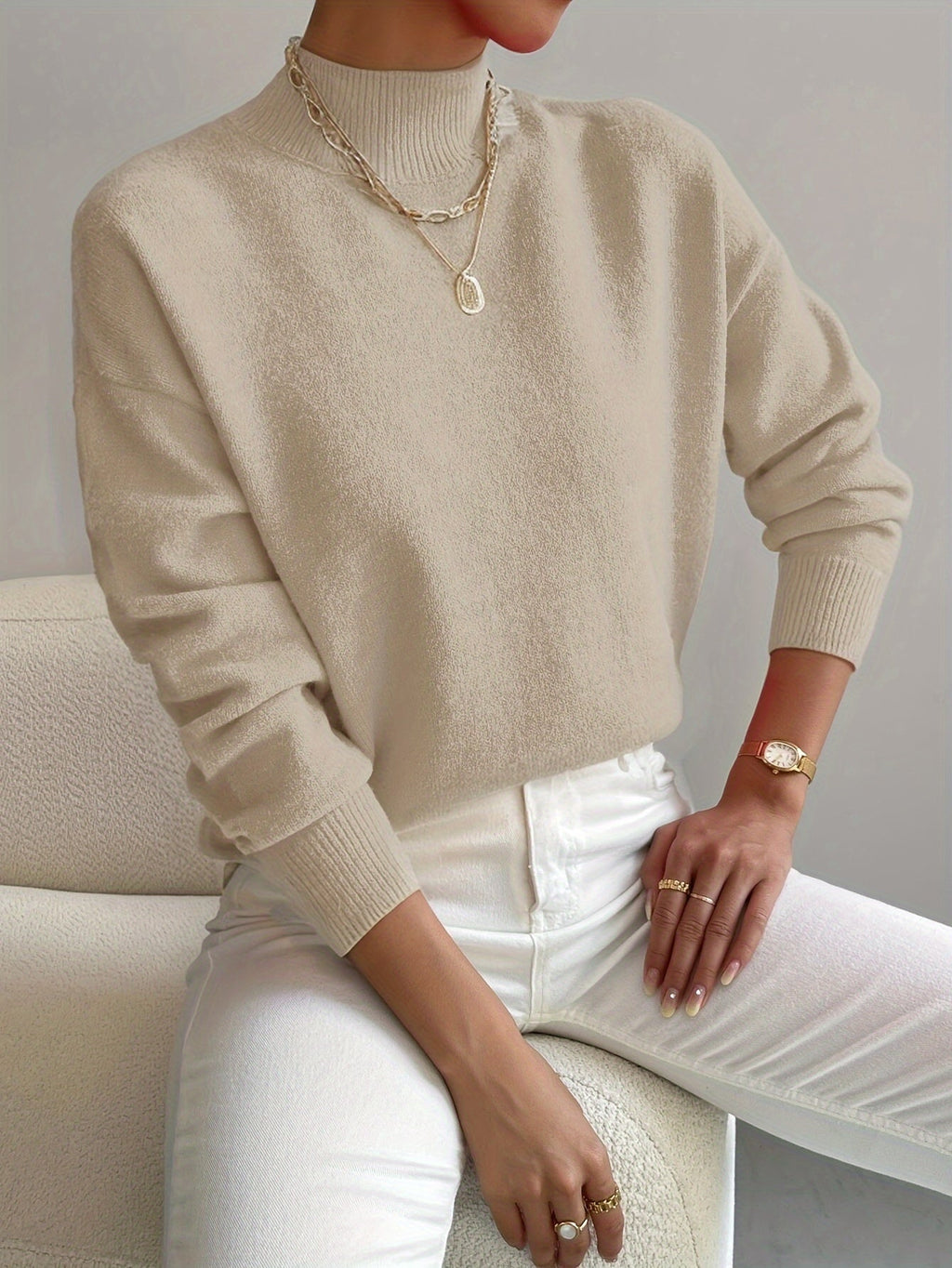 Women's High Neck Sweater – Relaxed Knit Winter Pullover