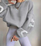 Women's Crew Neck Graphic Sweater – Printed Sleeve Relaxed Fit Pullover