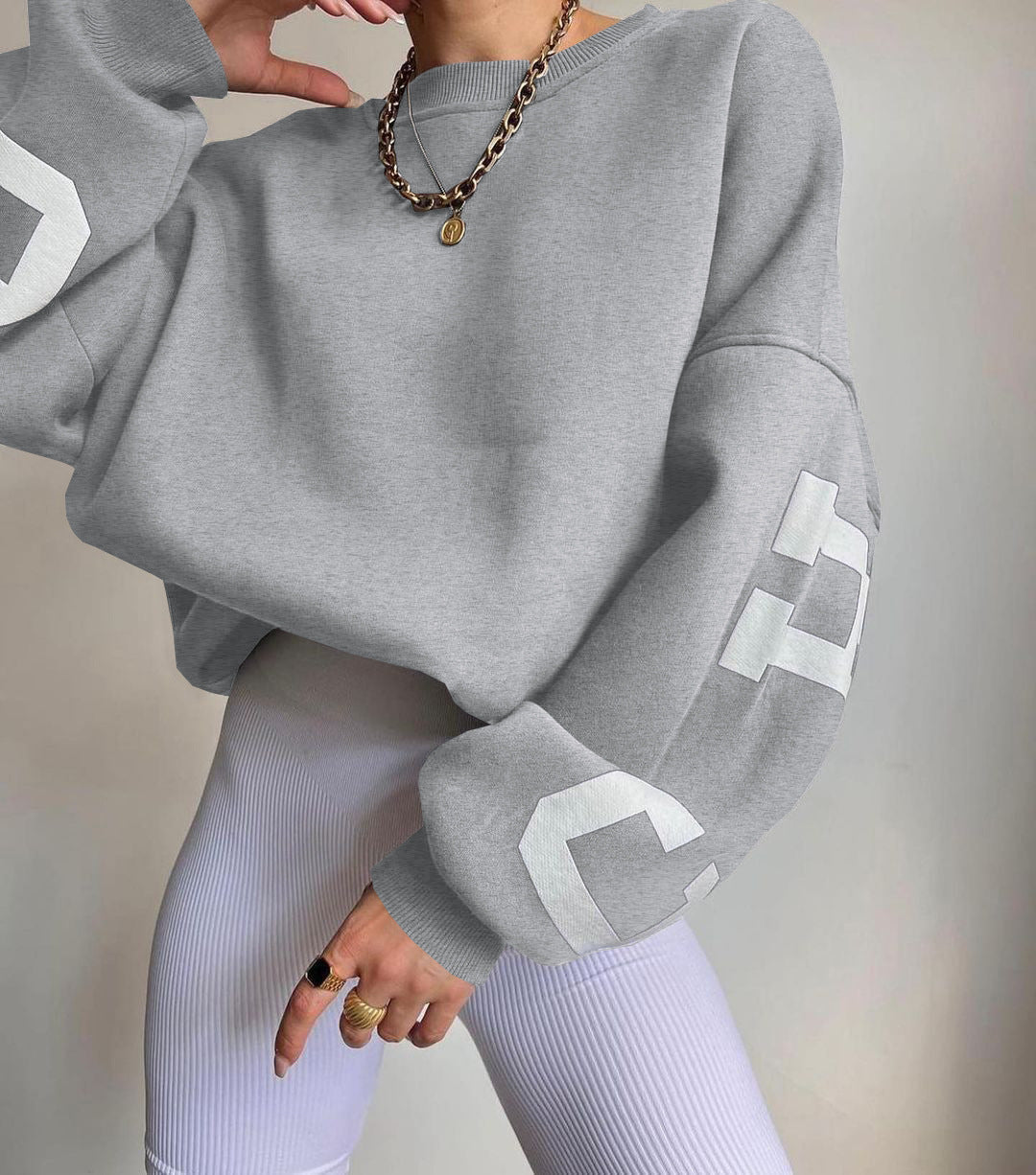 Women's Crew Neck Graphic Sweater – Printed Sleeve Relaxed Fit Pullover