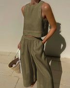 Women's Summer Crop Top Set – High Waist Wide Leg Pants Set