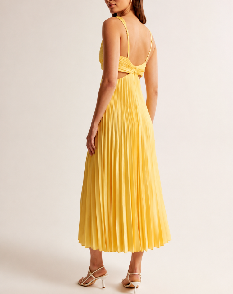 Women's Pleated V-Neck Midi Dress – Deep Neck Side Cutout Cocktail Dress