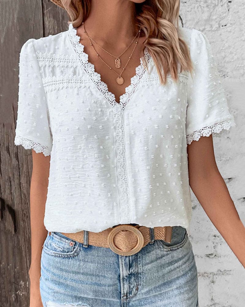 Women's Short Sleeve Lace Blouse – V-Neck Feminine Detail Blouse