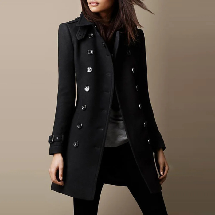 Women's Tailored Mid-Length Coat – Double-Breasted Button Overcoat
