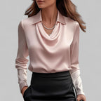 Women's Waterfall Neck Blouse with Draped Fit and Long Sleeves