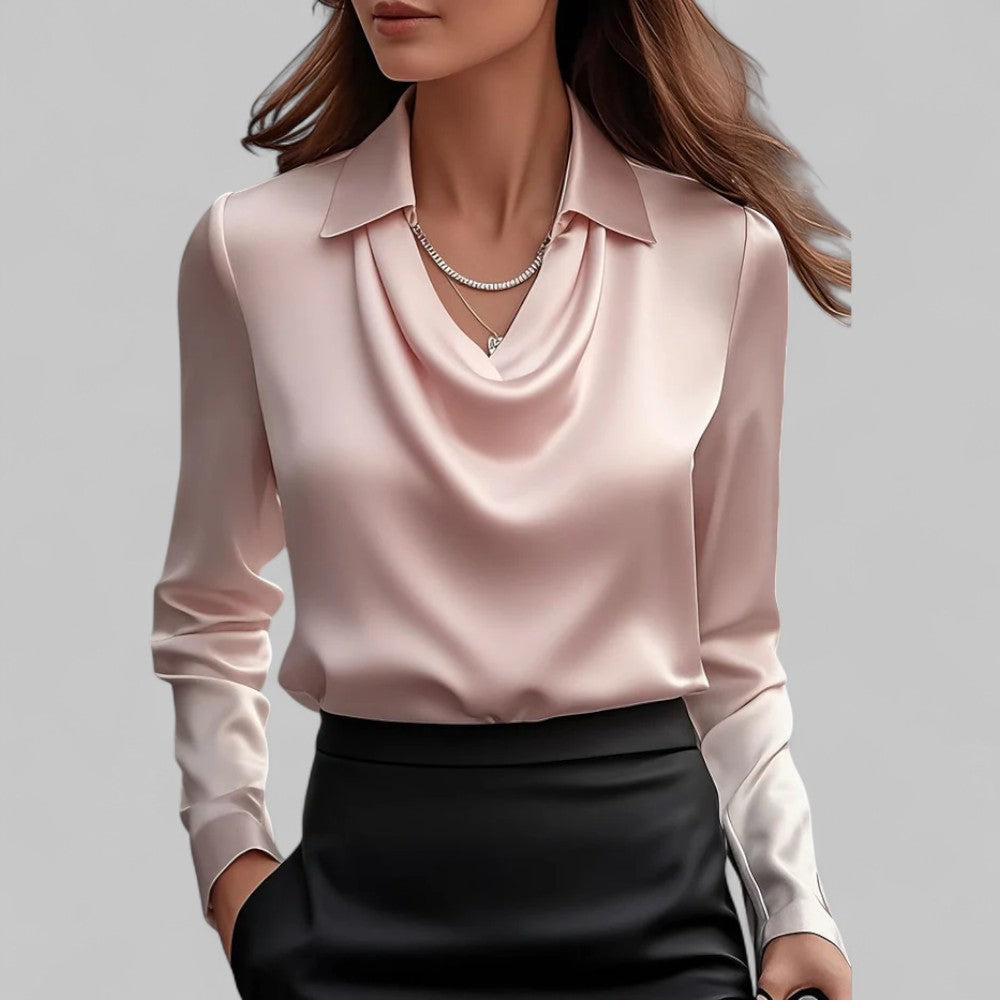 Women's Waterfall Neck Blouse with Draped Fit and Long Sleeves