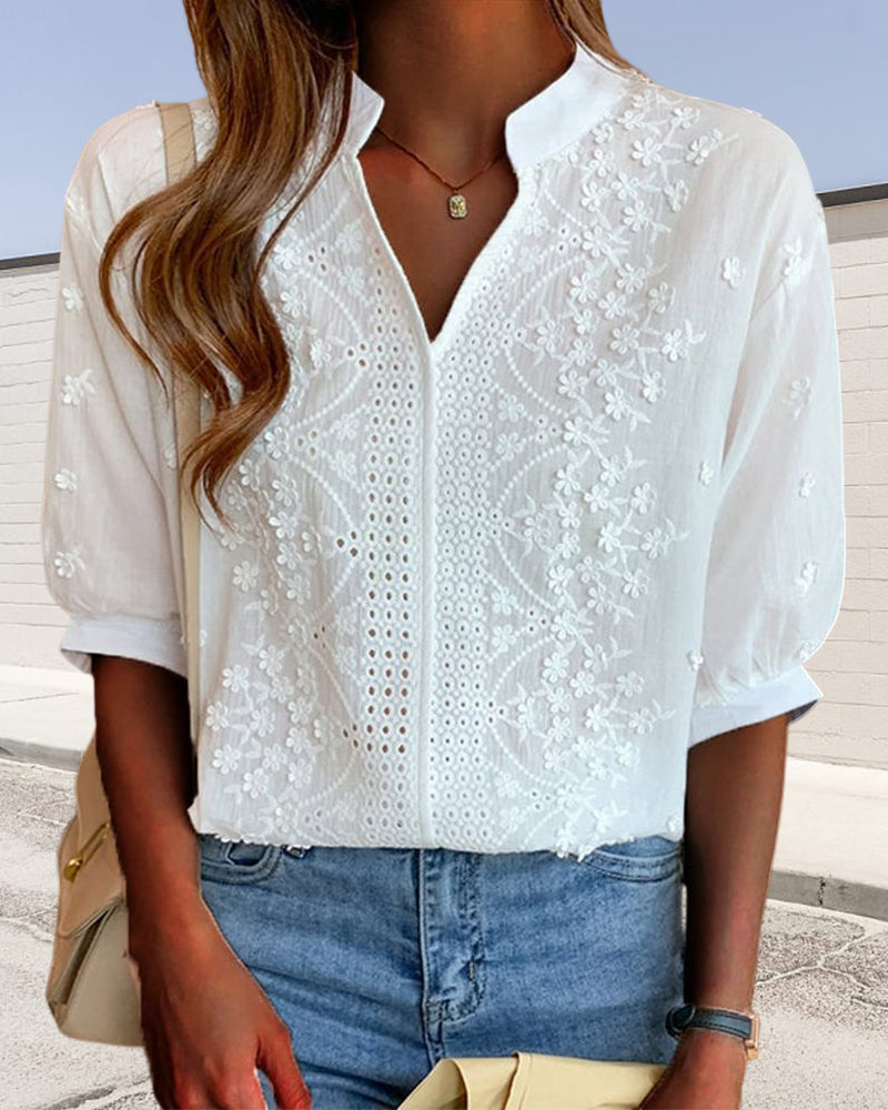 Women's V-Neck Puff Sleeve Blouse – Relaxed Long Sleeve Blouse