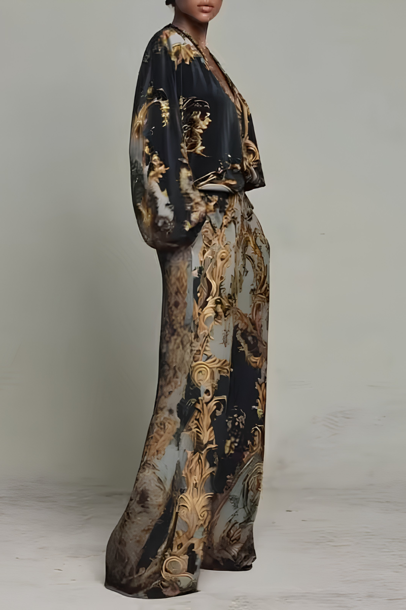 Women's Long Sleeve Printed Jumpsuit – Baroque Pattern Wide Leg Jumpsuit