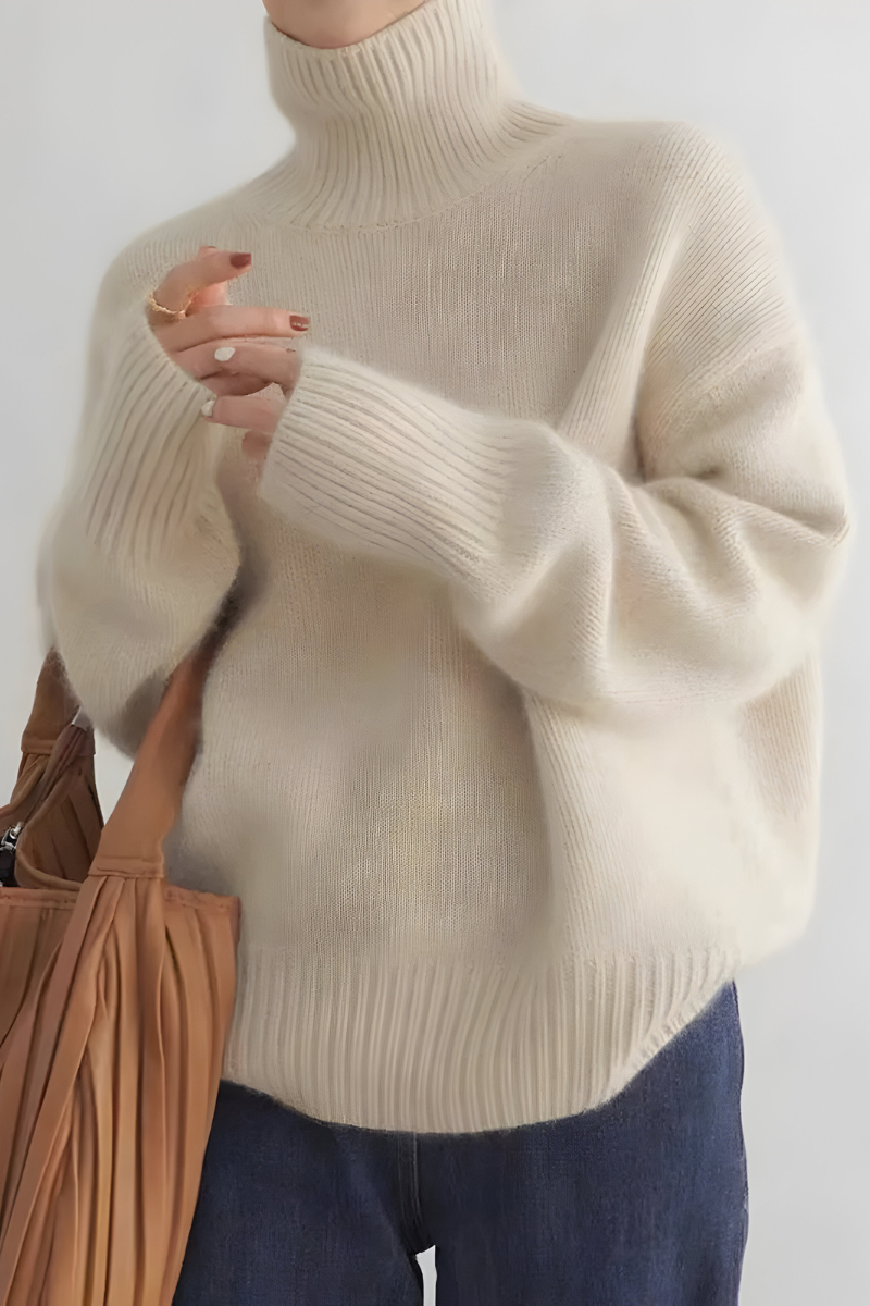 Women's High Neck Roll Sweater – Long Sleeve Relaxed Knit Pullover