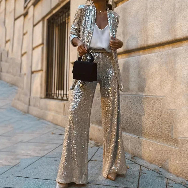 Women's Sequin Two-Piece Set – Fitted Top & High Waist Pants Set