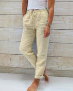 Women's Drawstring Straight Leg Pants – Elastic Waist Pocket Trousers