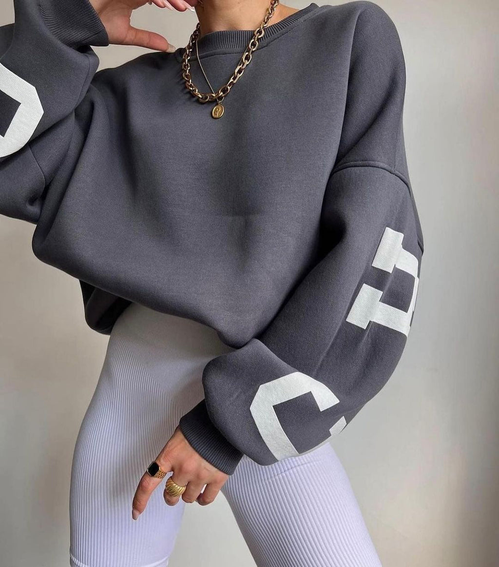 Women's Crew Neck Graphic Sweater – Printed Sleeve Relaxed Fit Pullover