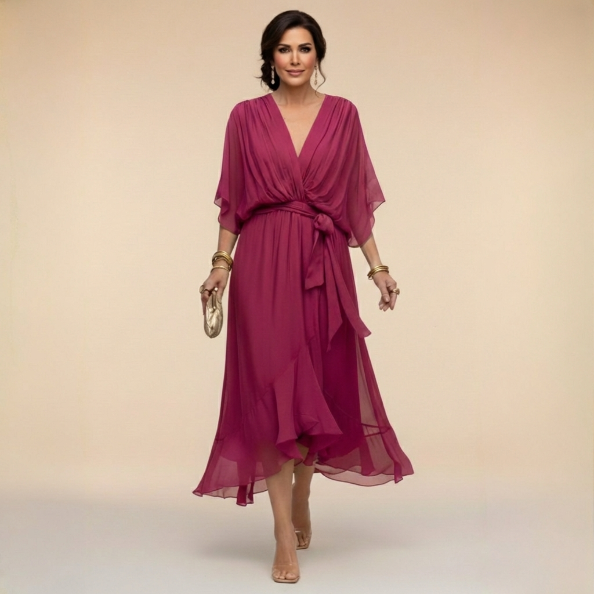 Women's V-Neck Long Sleeve Dress – Flowy Formal Occasion Dress