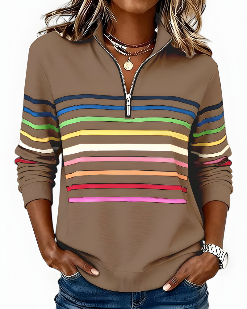 Women's Striped Quarter-Zip Sweater – High Neck Long Sleeve Pullover
