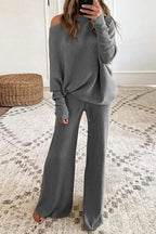 Women's Wide Leg Knit Pants Set – Long Sleeve Top & Matching Trousers