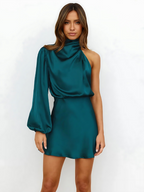Women's Asymmetrical Cocktail Dress – One Shoulder Puff Sleeve Mini Dress