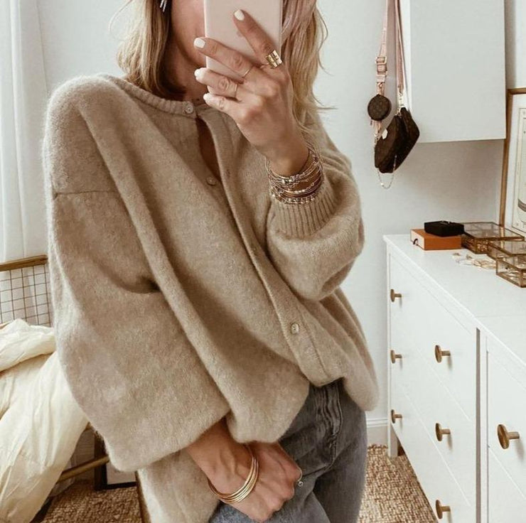 Women's Statement Sleeve Cardigan – Oversized Ribbed Neck Cardigan