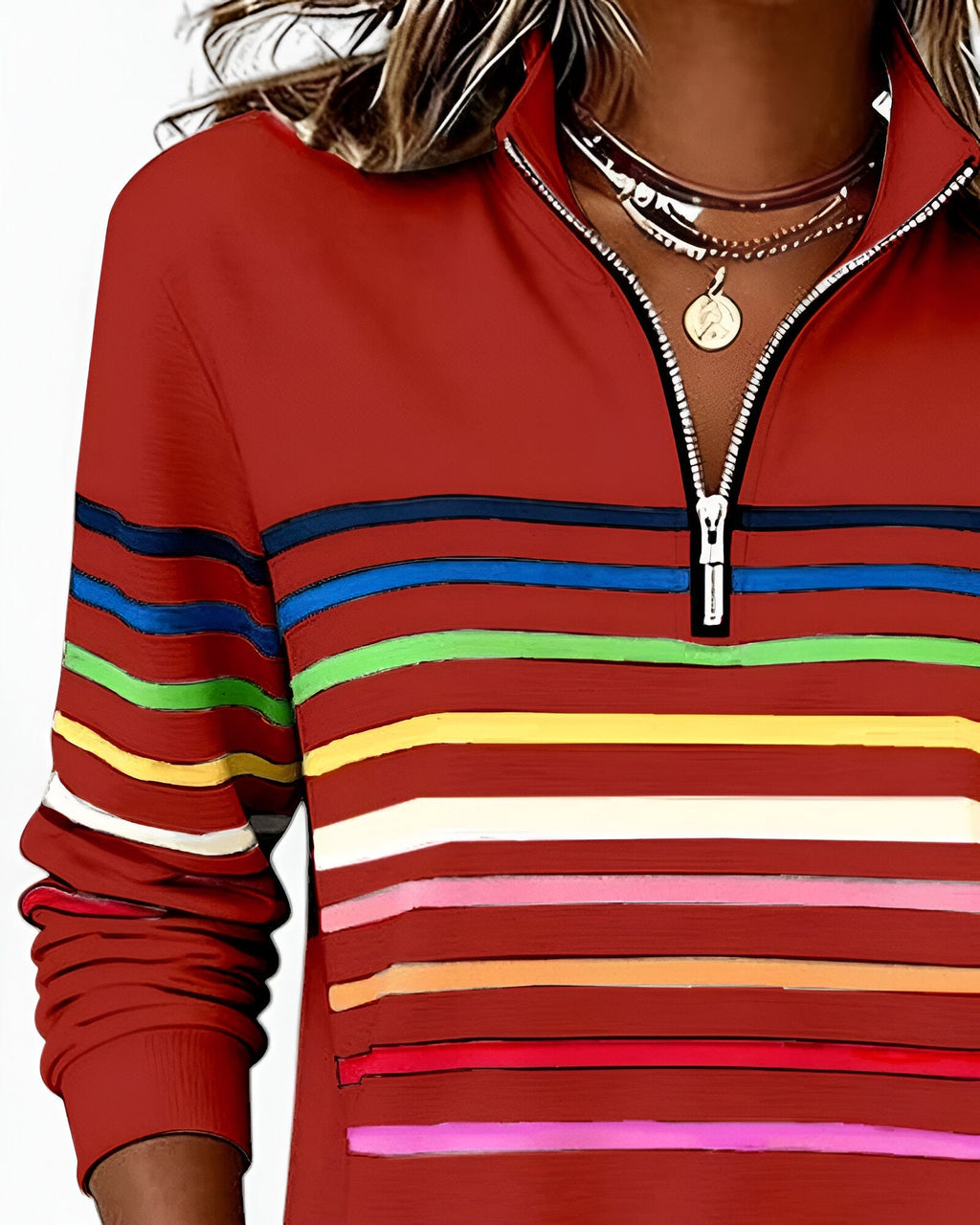 Women's Striped Quarter-Zip Sweater – High Neck Long Sleeve Pullover