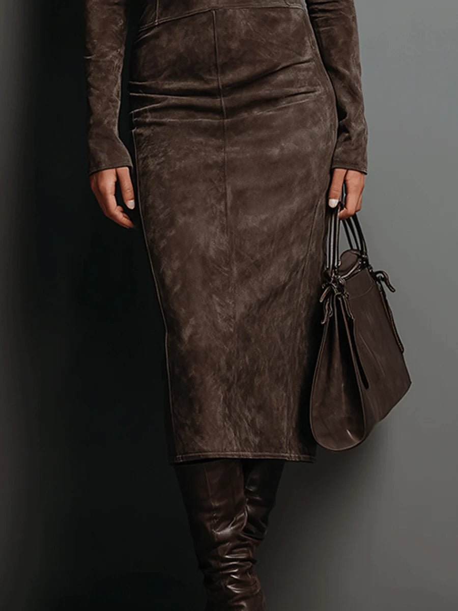 Women's Suede Finish Midi Dress – High Neck Dress