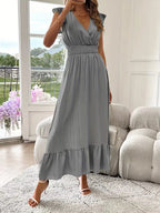 Women's V-Neck Tiered Maxi Dress – Short Sleeve Smocked Waist Evening Dress