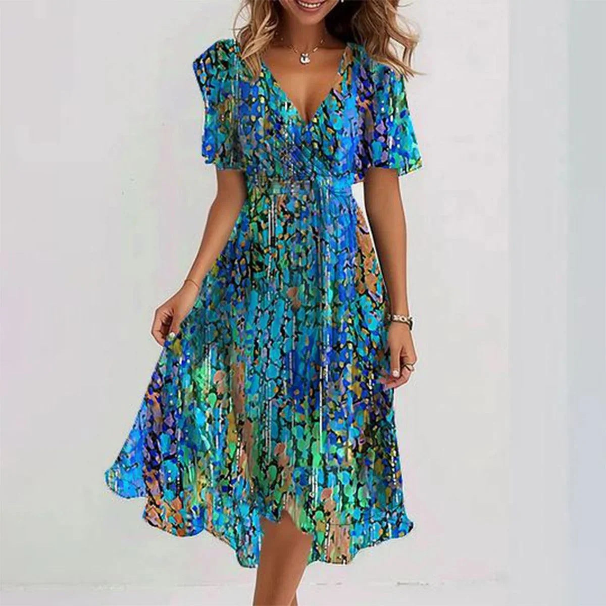 Women's Floral V-Neck Midi Dress – Fitted Waist Summer Dress, Navy Blue / XS