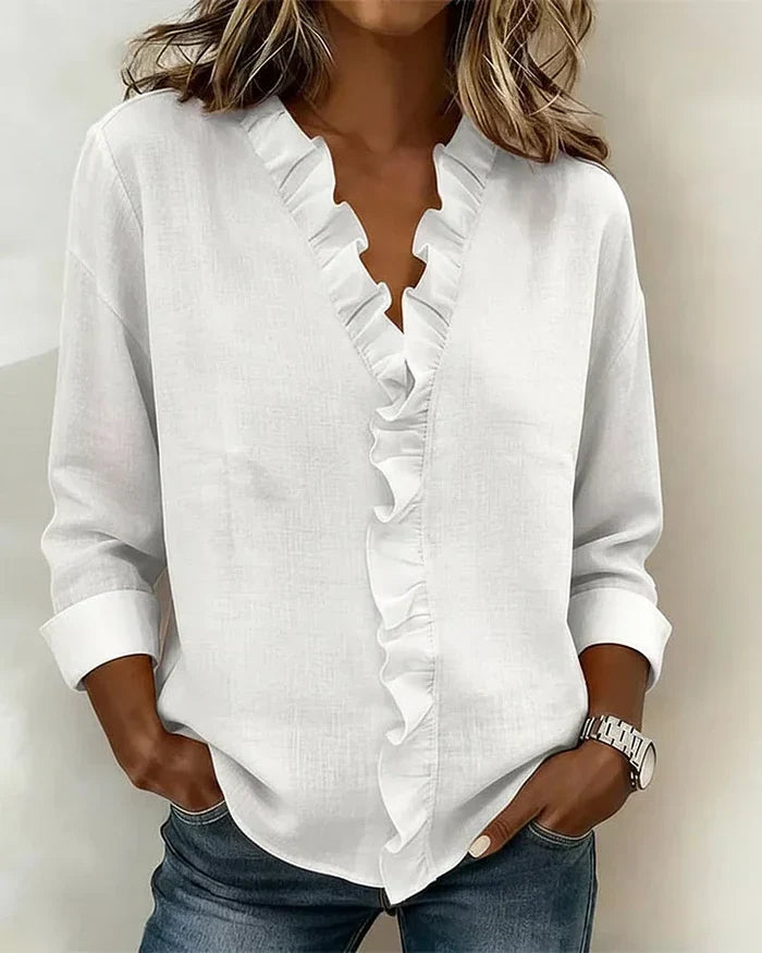 Women's Ruffle V-Neck Blouse – Flowy Statement Sleeve Dressy Top