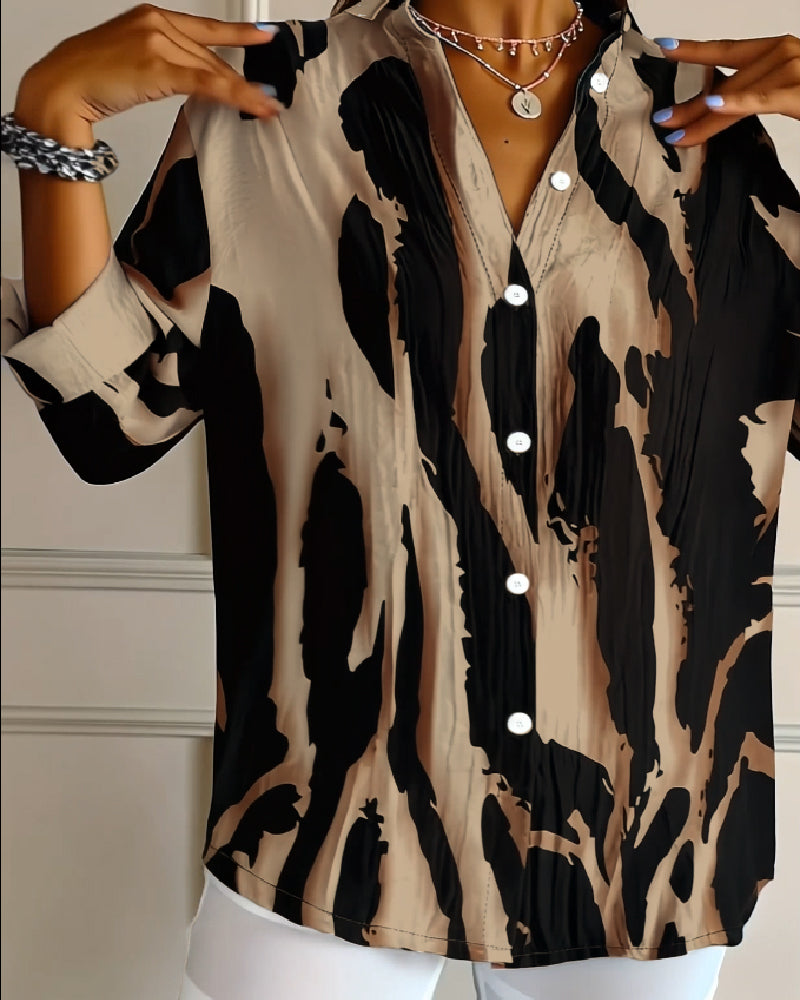 Women's Asymmetrical Print Blouse – Stand Collar Long Sleeve Blouse