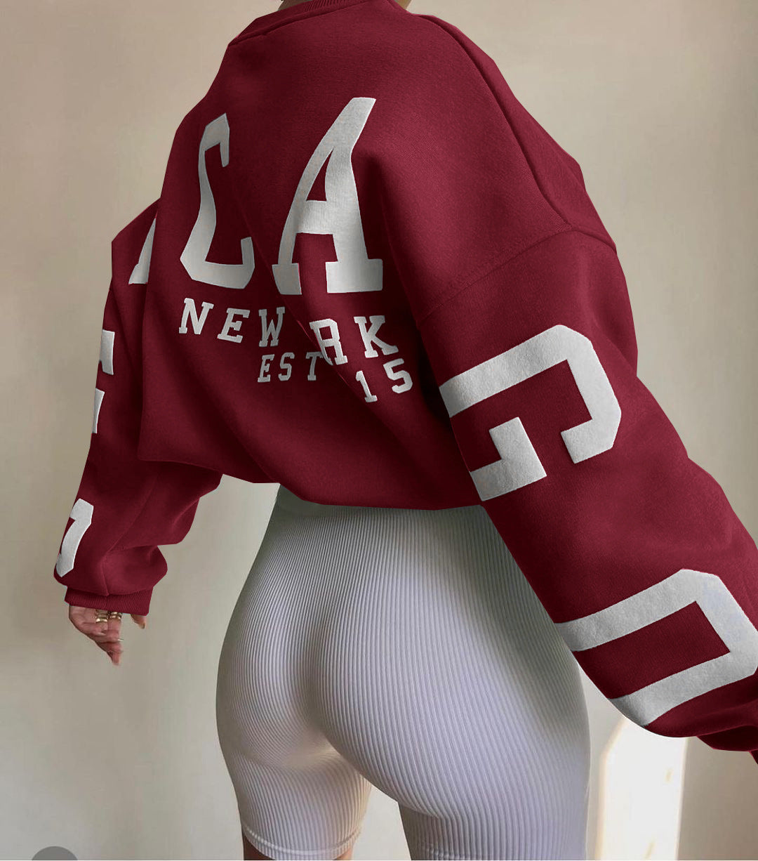 Women's Crew Neck Graphic Sweater – Printed Sleeve Relaxed Fit Pullover