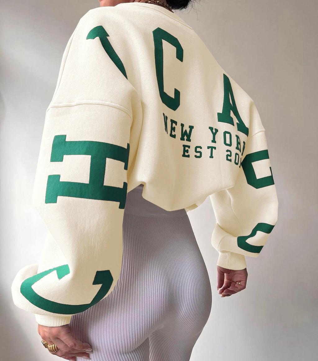 Women's Crew Neck Graphic Sweater – Printed Sleeve Relaxed Fit Pullover