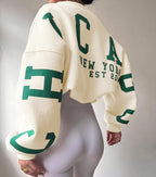 Women's Crew Neck Graphic Sweater – Printed Sleeve Relaxed Fit Pullover
