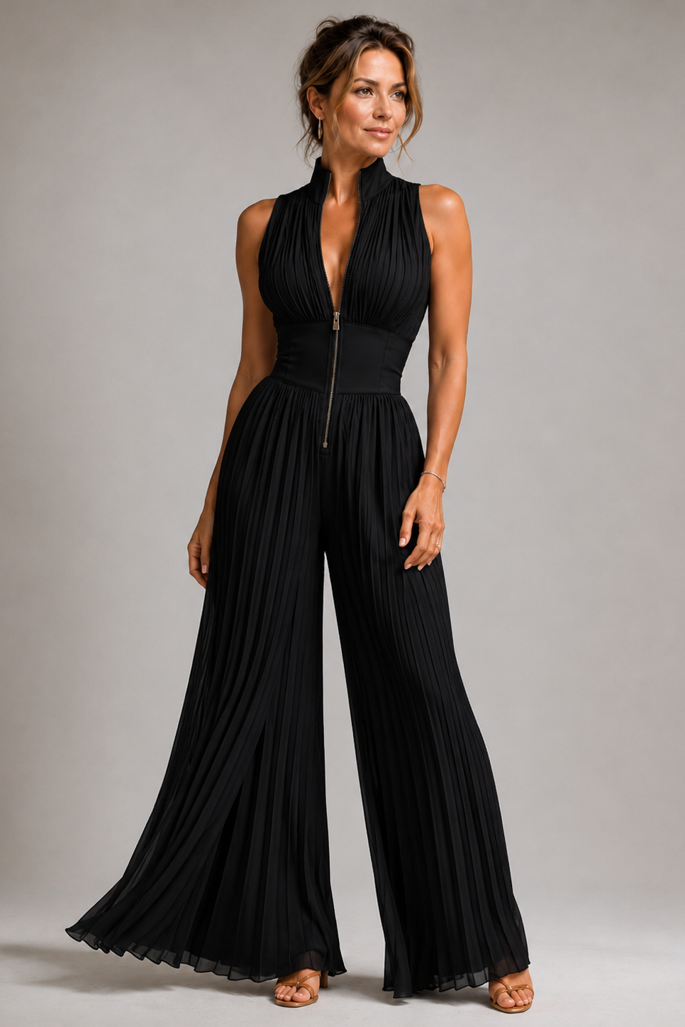 Women's Pleated Halter Jumpsuit – Wide Leg Jumpsuit